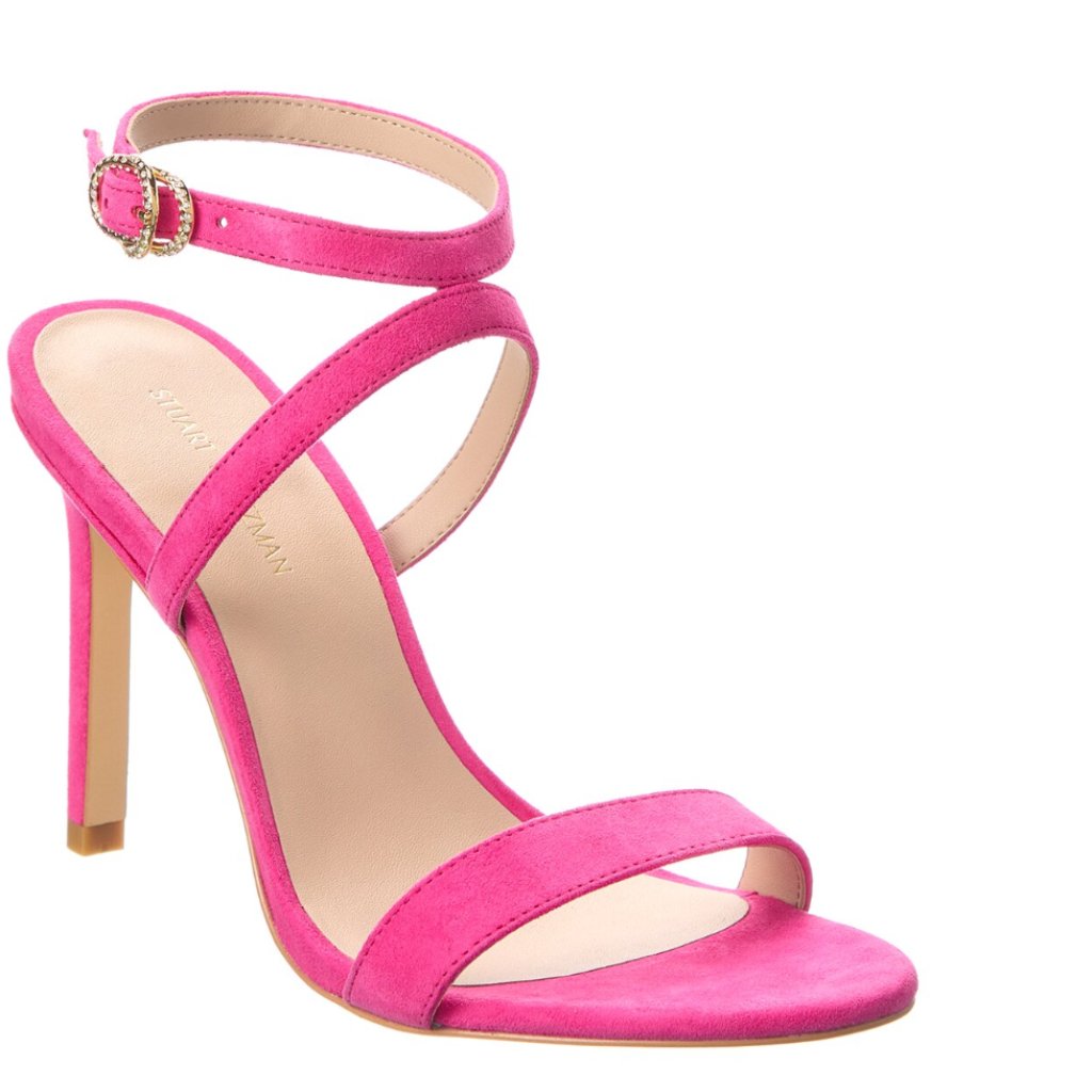 Stuart Weitzman Peony Pink Suede Heel Sandal With Crystal Buckle Ankle Strap 95